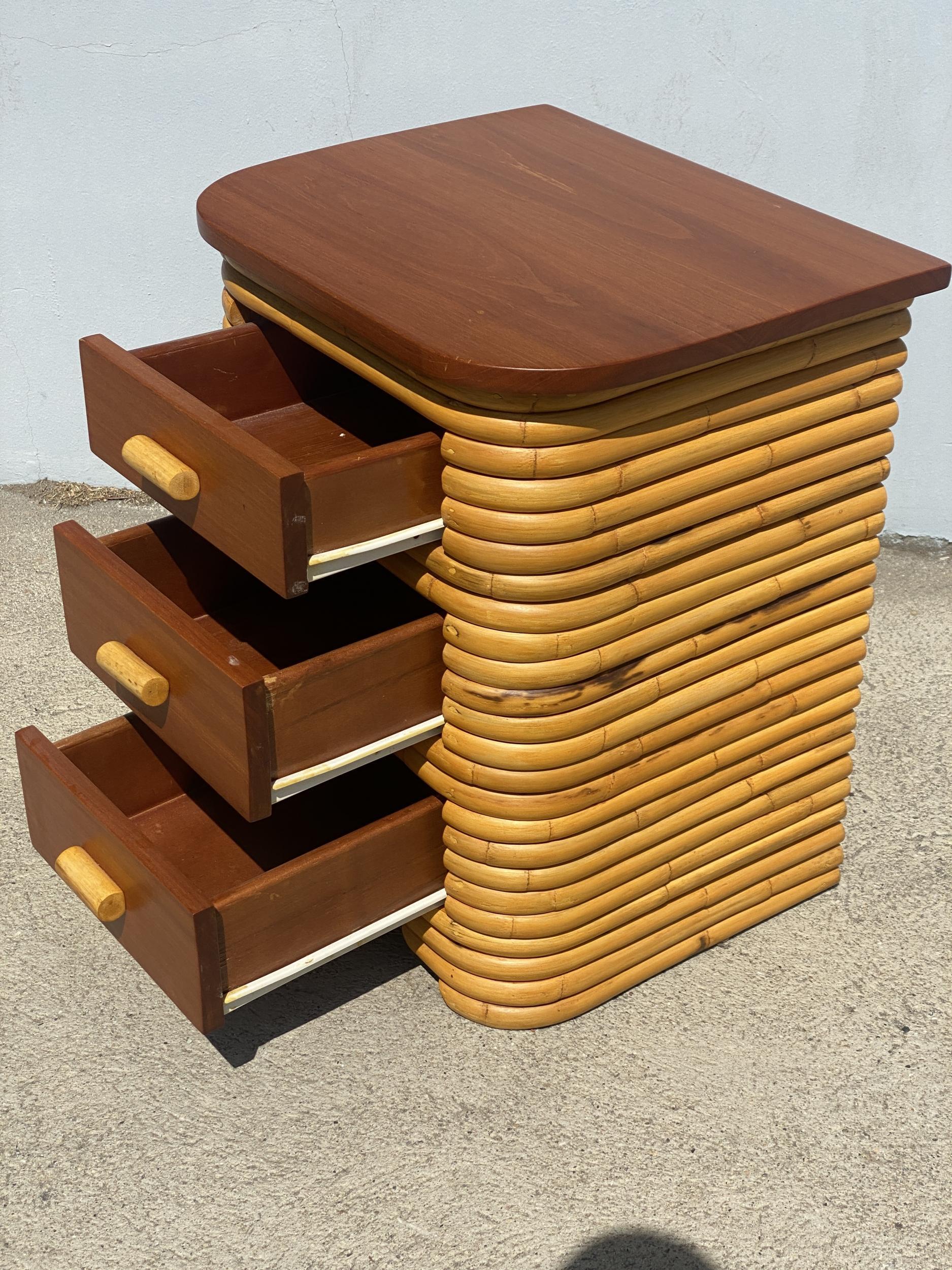 Restored Art Deco Stacked Rattan Bedside Table with Mahogany Top, Pair 2