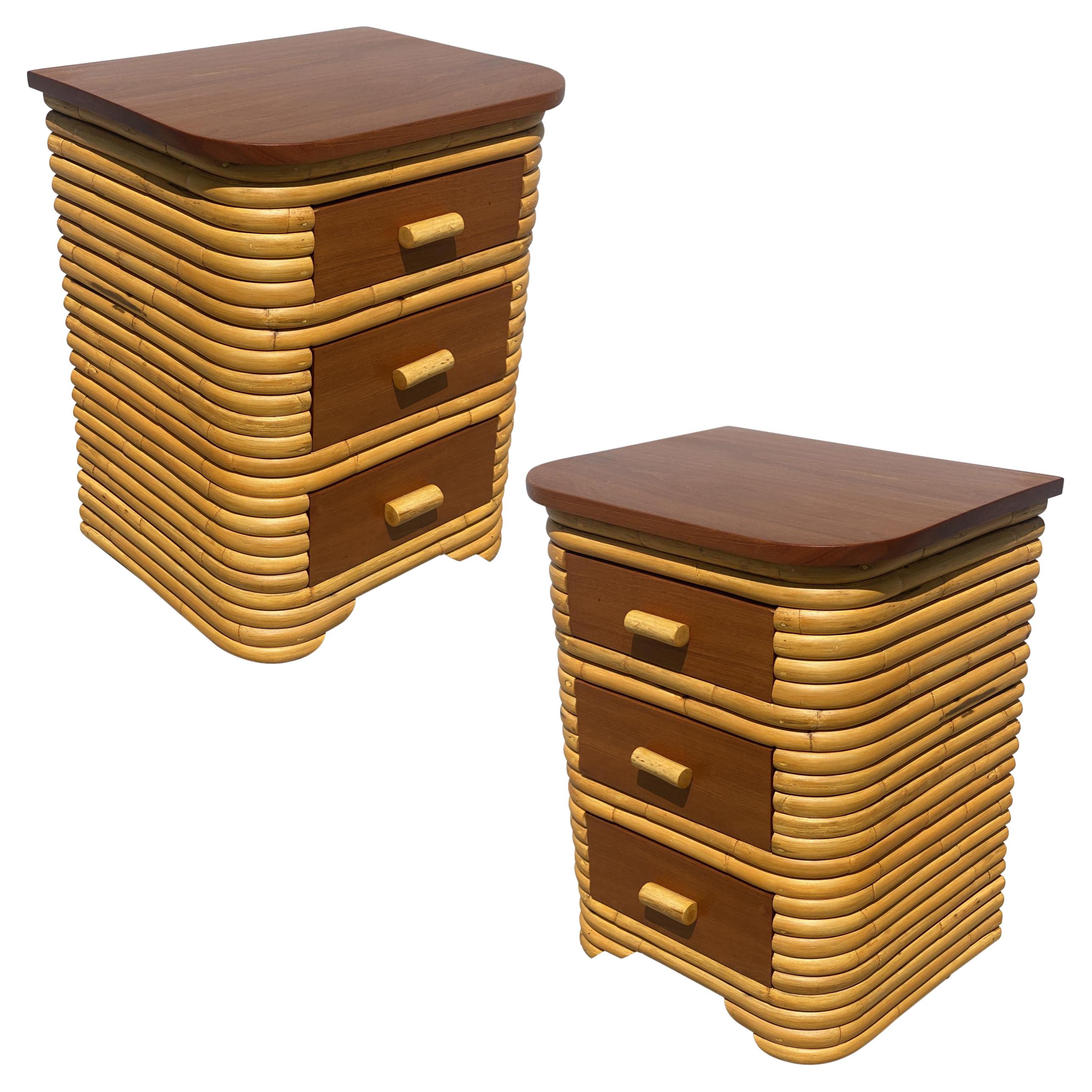 Restored Art Deco Stacked Rattan Bedside Table with Mahogany Top, Pair