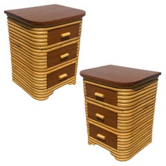 Restored Art Deco Stacked Rattan Bedside Table with Mahogany Top, Pair