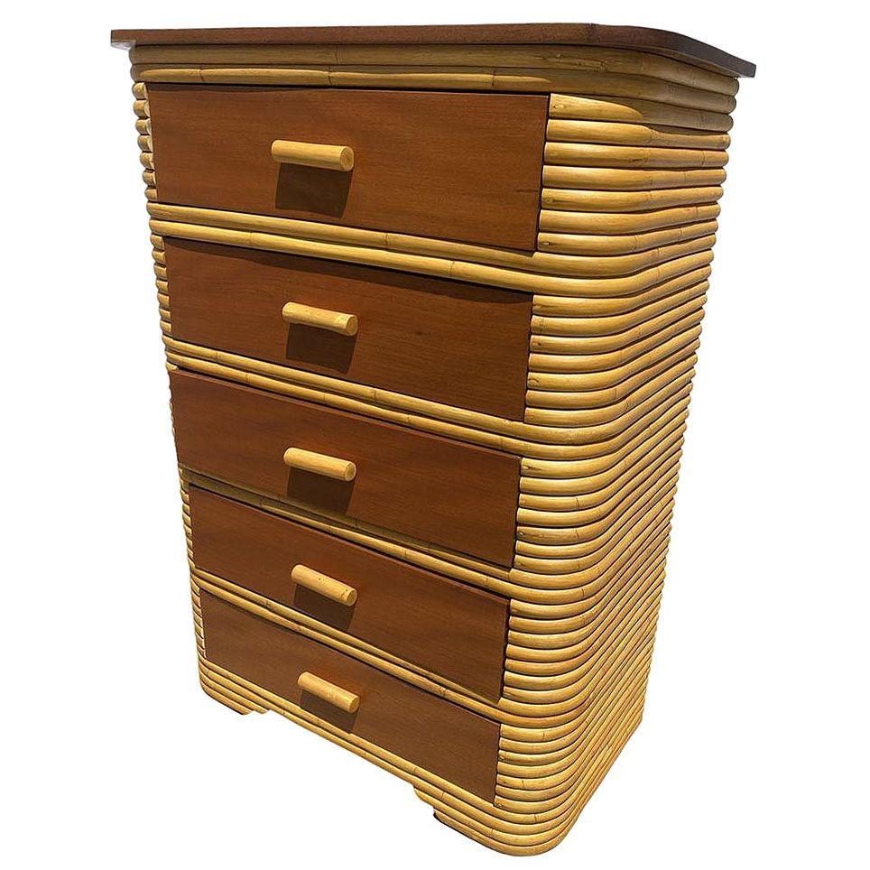Art Déco Comò Highboy in rattan impilato Art Deco restaurato con mogano in vendita