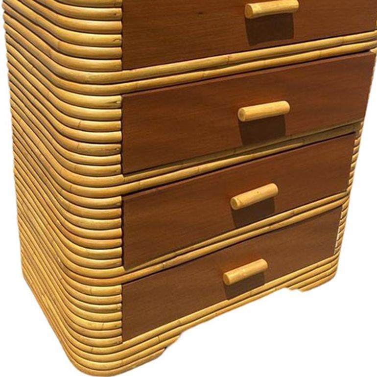 Rattan Comò Highboy in rattan impilato Art Deco restaurato con mogano in vendita
