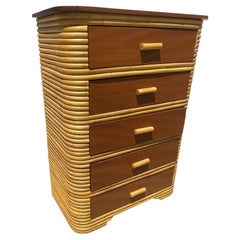 Restored Art Deco Stacked Rattan Highboy Dresser w/ Mahogany
