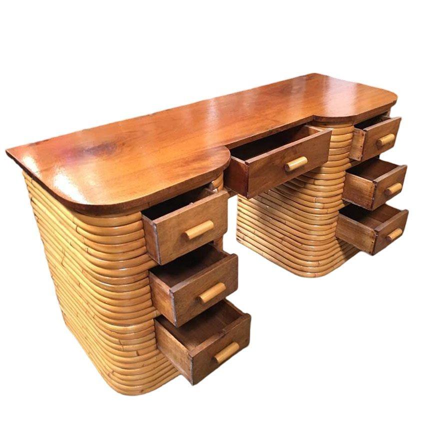 Restored Art Deco Stacked Rattan Secretary Desk w/ Mahogany Top In Excellent Condition For Sale In Van Nuys, CA