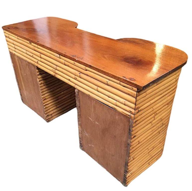 Mid-20th Century Restored Art Deco Stacked Rattan Secretary Desk w/ Mahogany Top For Sale