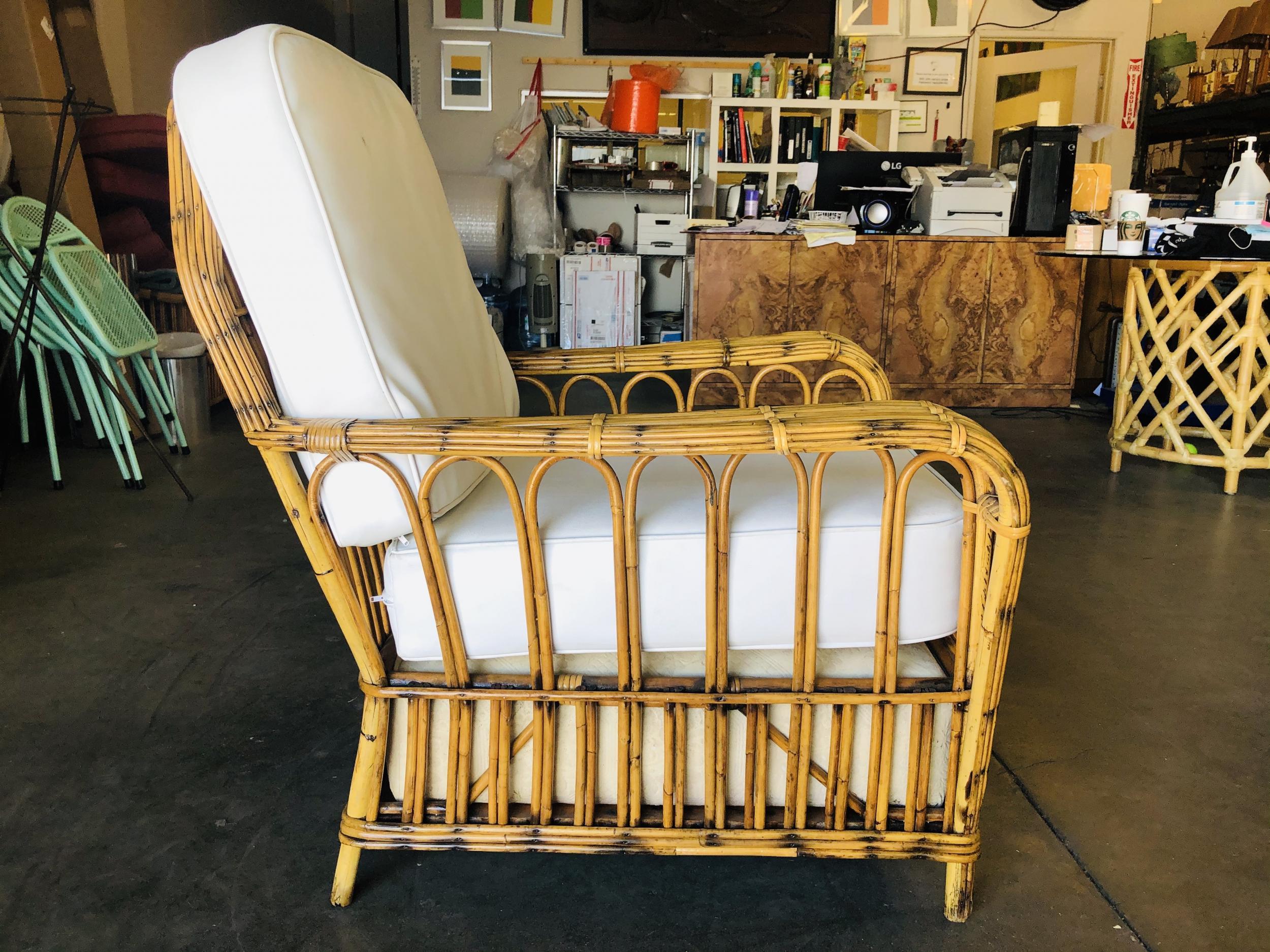 Mid-20th Century Restored Art Deco Stick Rattan Cathedral Arm Lounge Chair