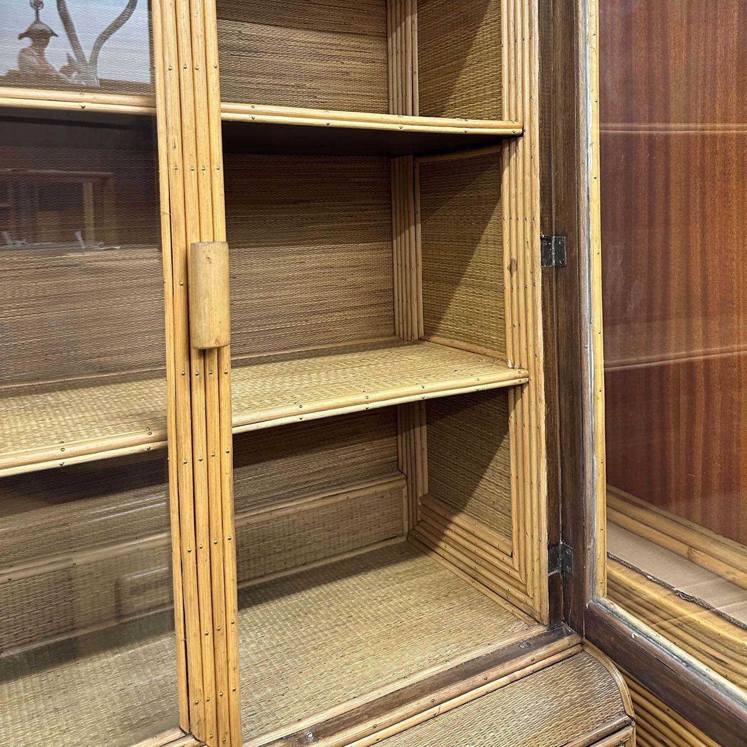 Restored Art Deco Stick Rattan & Grass Mat China Cabinet/Etagere For Sale 4