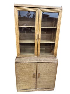 Restored Art Deco Stick Rattan & Grass Mat China Cabinet/Etagere