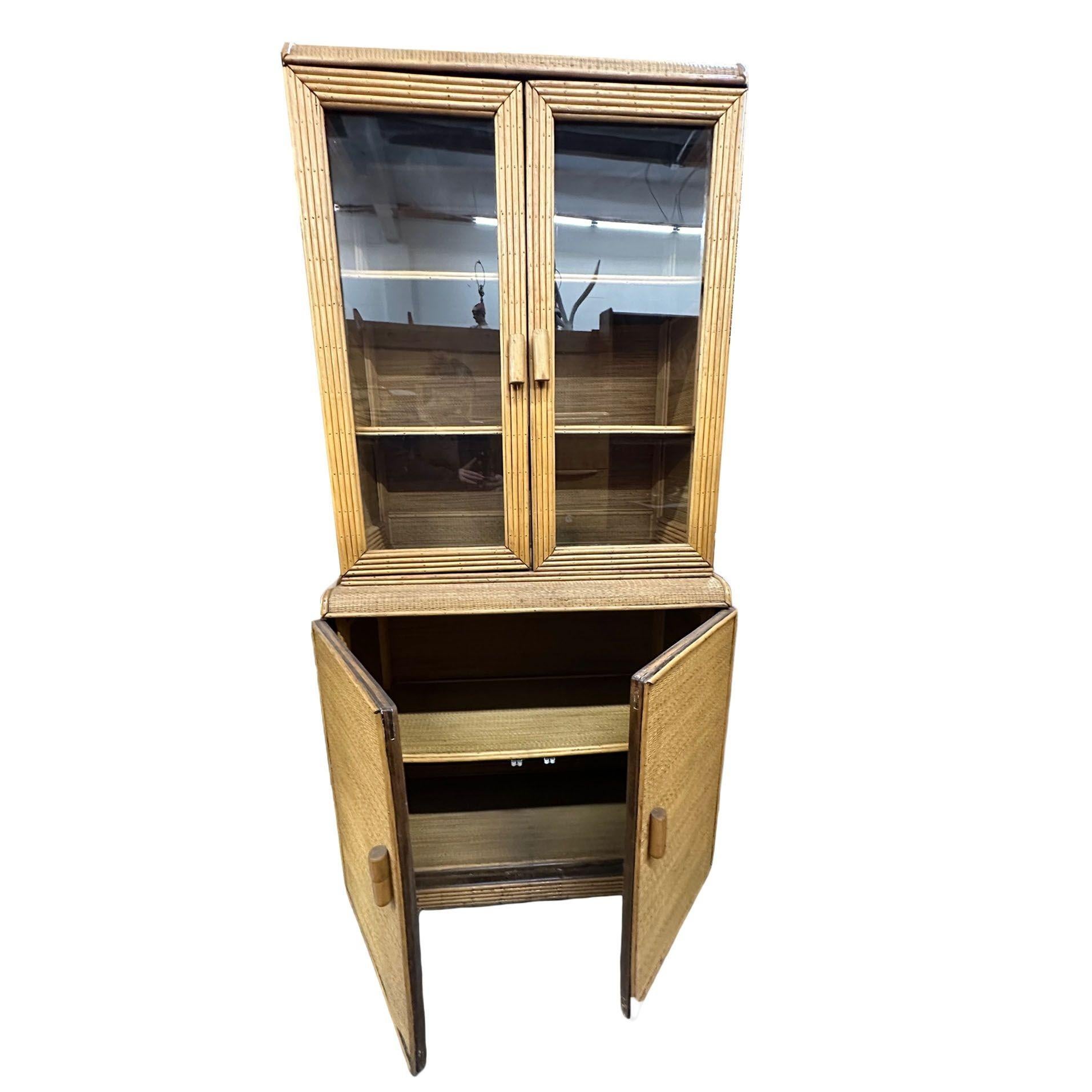 Restored Art Deco Stick Rattan & Grass Mat China Cabinet/Etagere In Excellent Condition For Sale In Van Nuys, CA