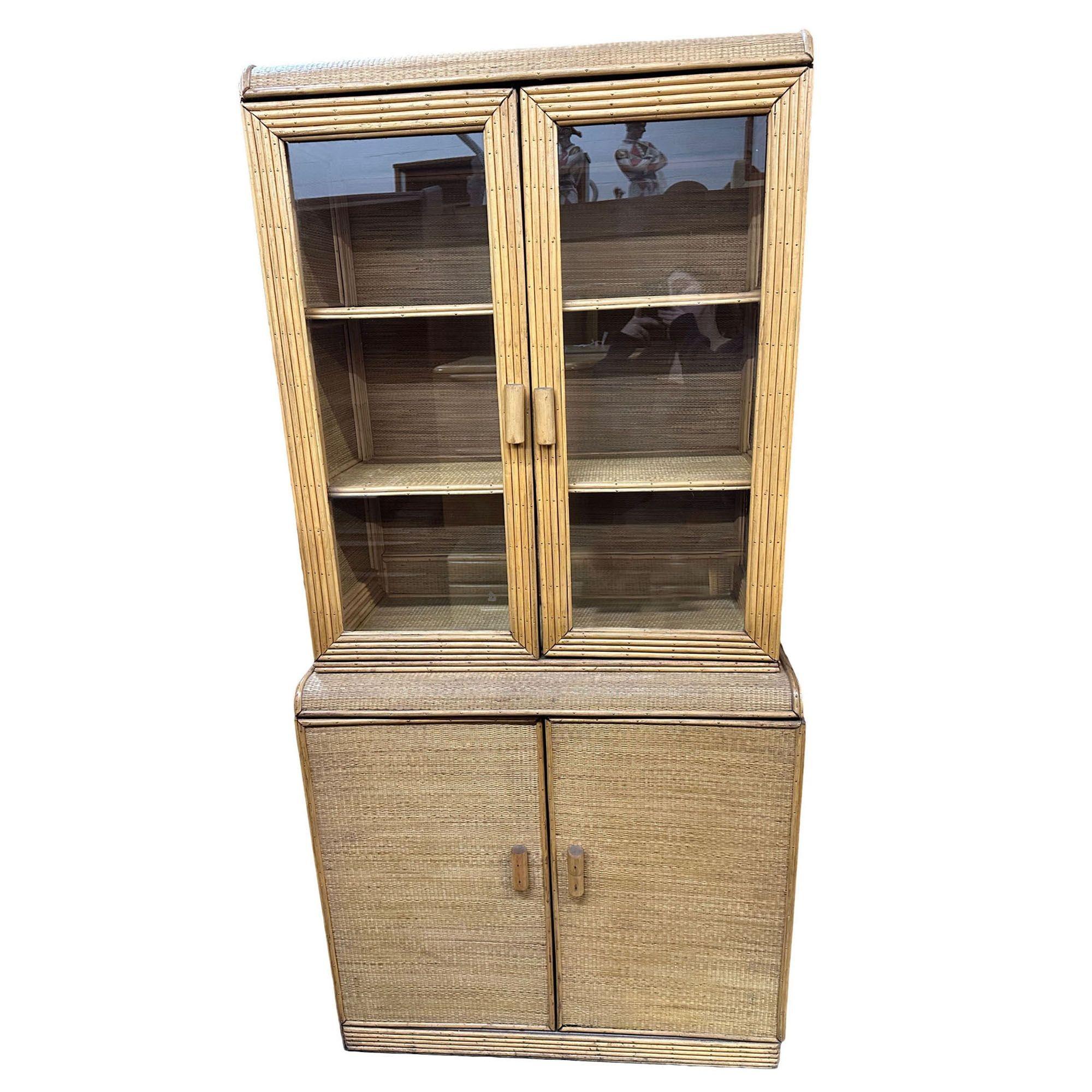 Mid-20th Century Restored Art Deco Stick Rattan & Grass Mat China Cabinet/Etagere For Sale
