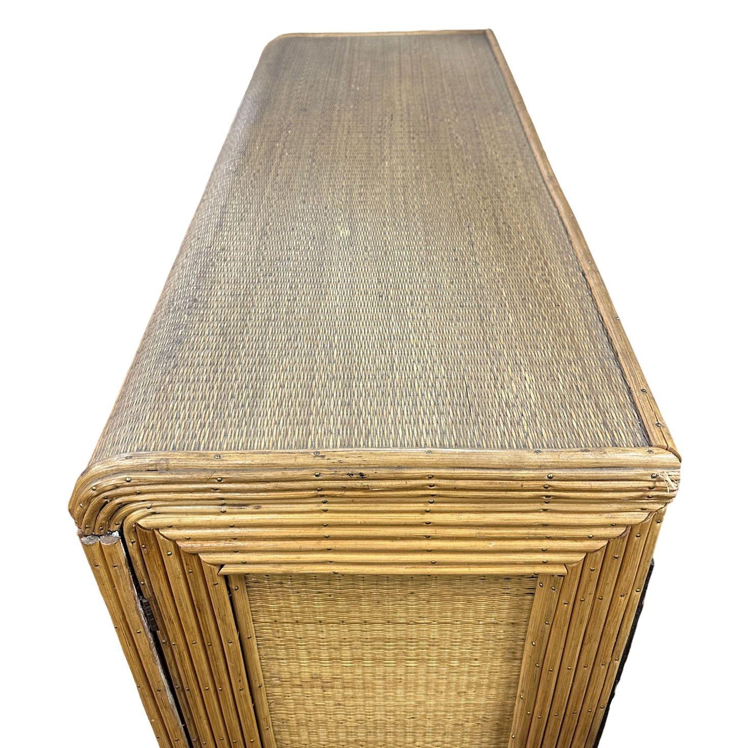 Restored Art Deco Stick Rattan & Grass Mat China Cabinet/Etagere For Sale 1