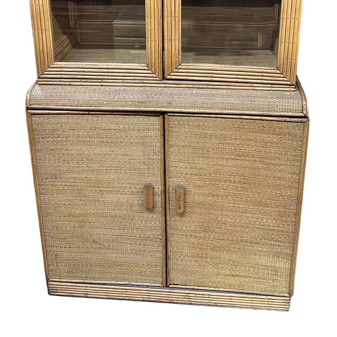 Restored Art Deco Stick Rattan & Grass Mat China Cabinet/Etagere For Sale 3