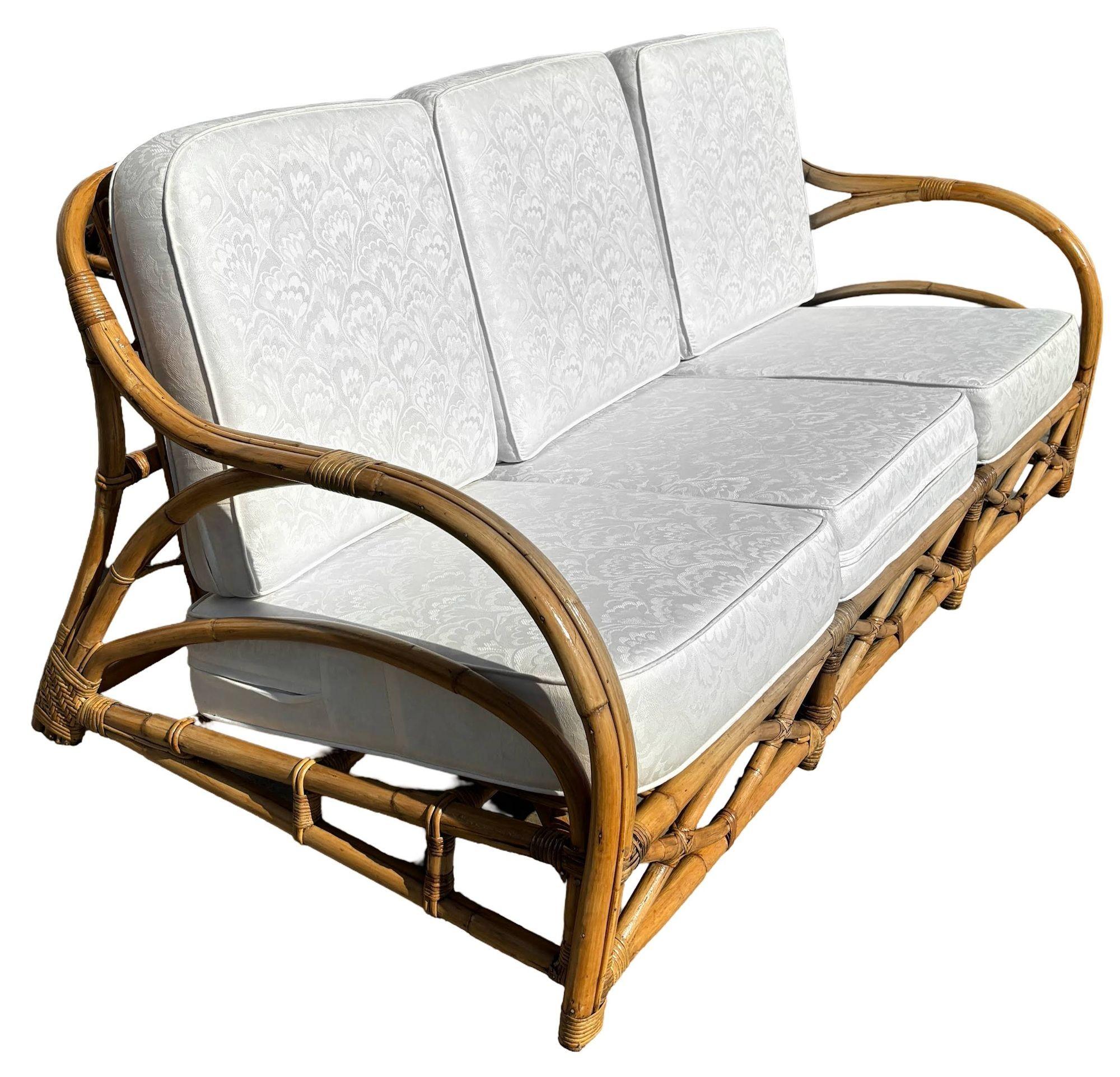 American Restored Art Deco Stick Rattan Three-Seat Transitional Sectional Sofa For Sale