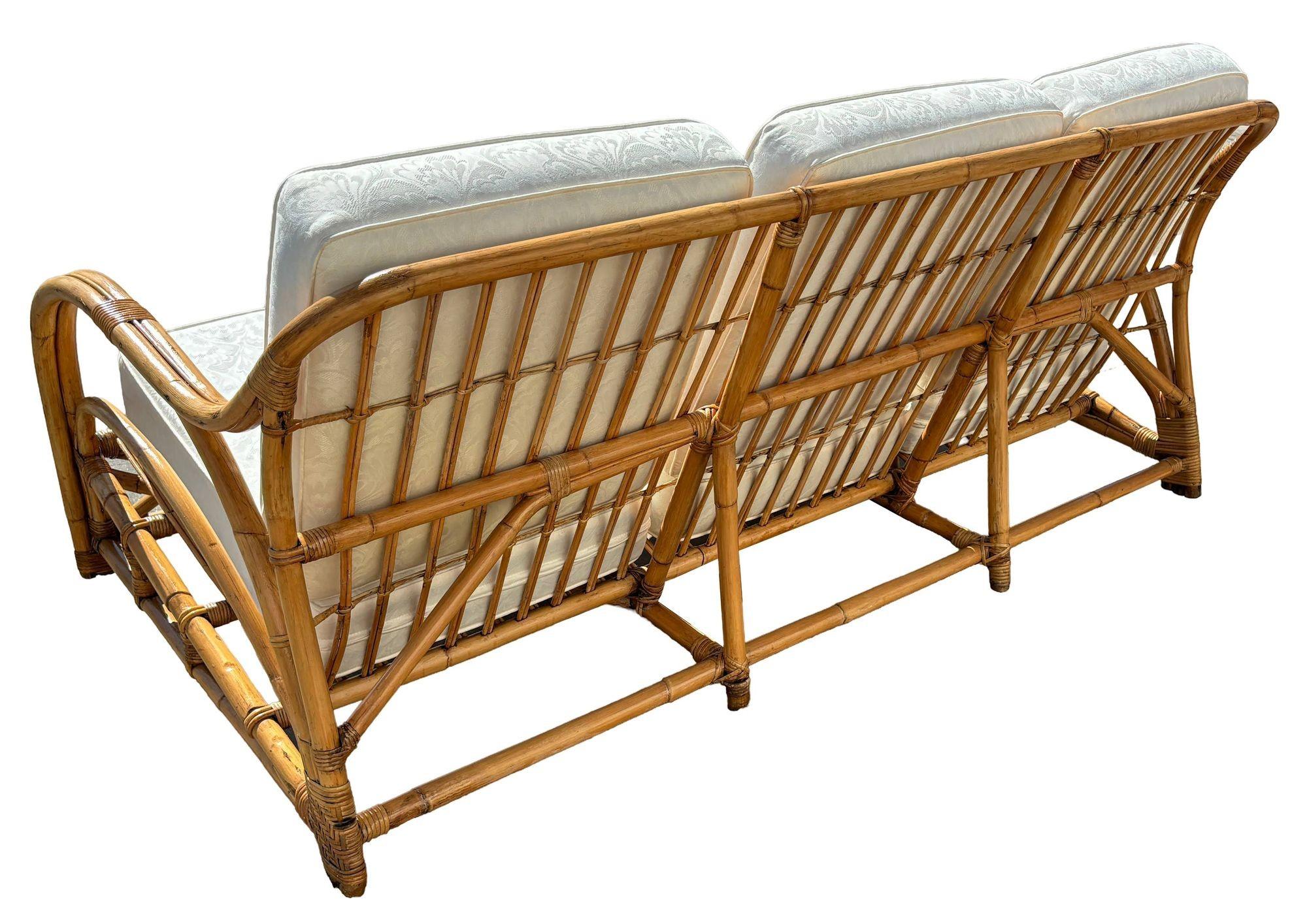 Mid-20th Century Restored Art Deco Stick Rattan Three-Seat Transitional Sectional Sofa For Sale