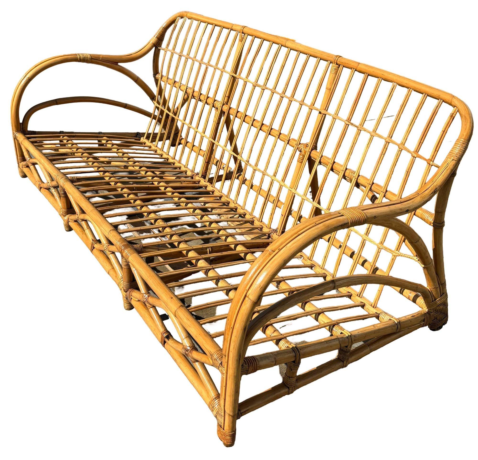 Restored Art Deco Stick Rattan Three-Seat Transitional Sectional Sofa For Sale 1