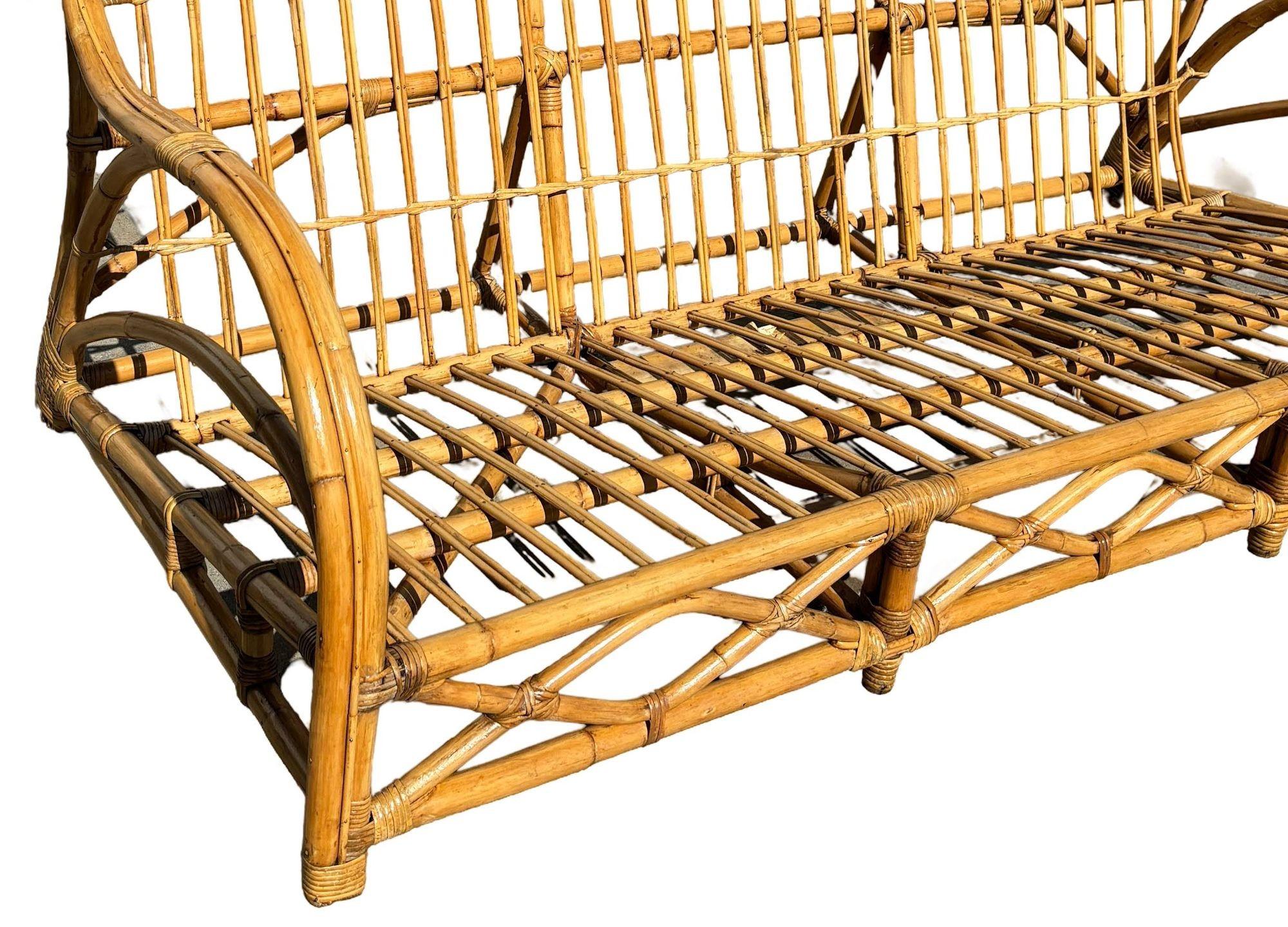 Restored Art Deco Stick Rattan Three-Seat Transitional Sectional Sofa For Sale 2