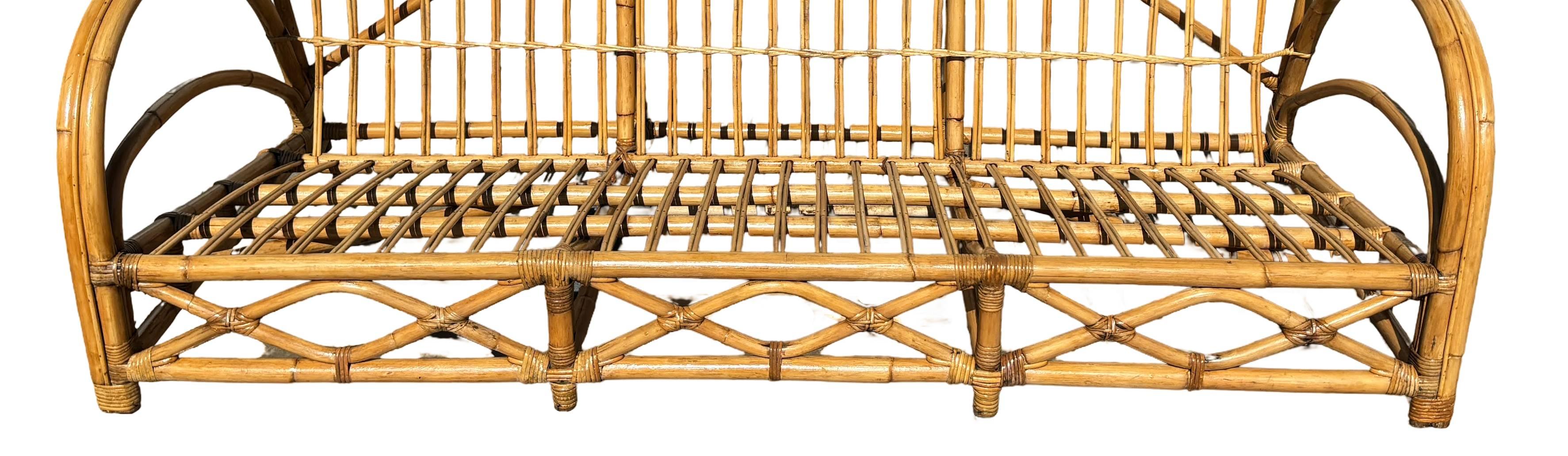 Restored Art Deco Stick Rattan Three-Seat Transitional Sectional Sofa For Sale 3