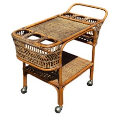 Restored Art Deco Stick Rattan Two-Tier Bar Cart w/ Woven WickerTops