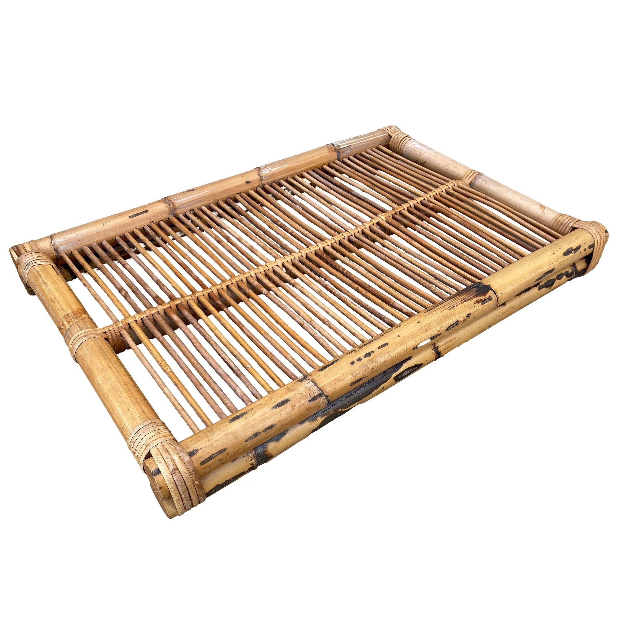 American Restored Art Deco Stick Reed Rattan Serving Tray For Sale
