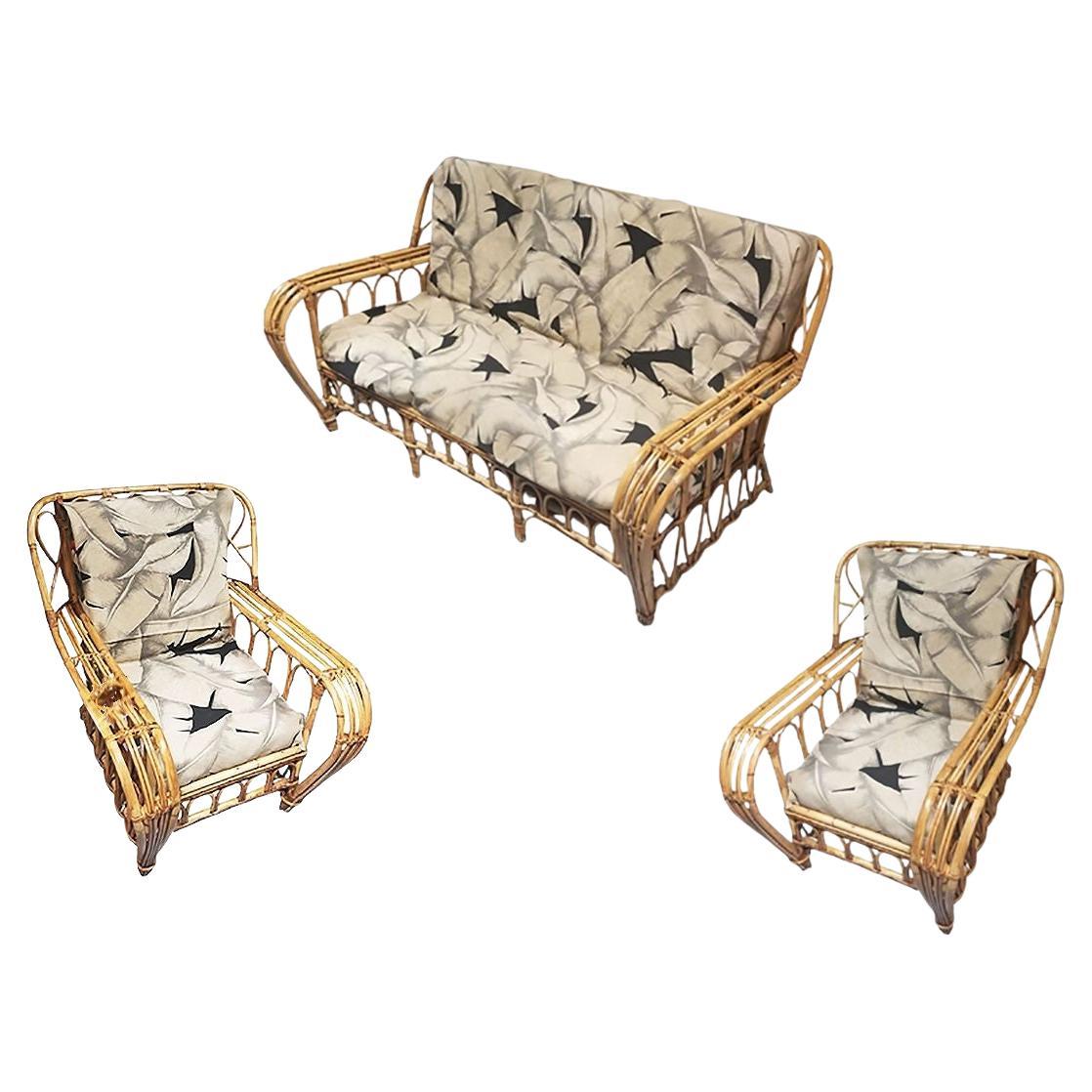 Restored Art Deco Stick Reed Rattan Sofa & Lounge Chair Set Livingroom