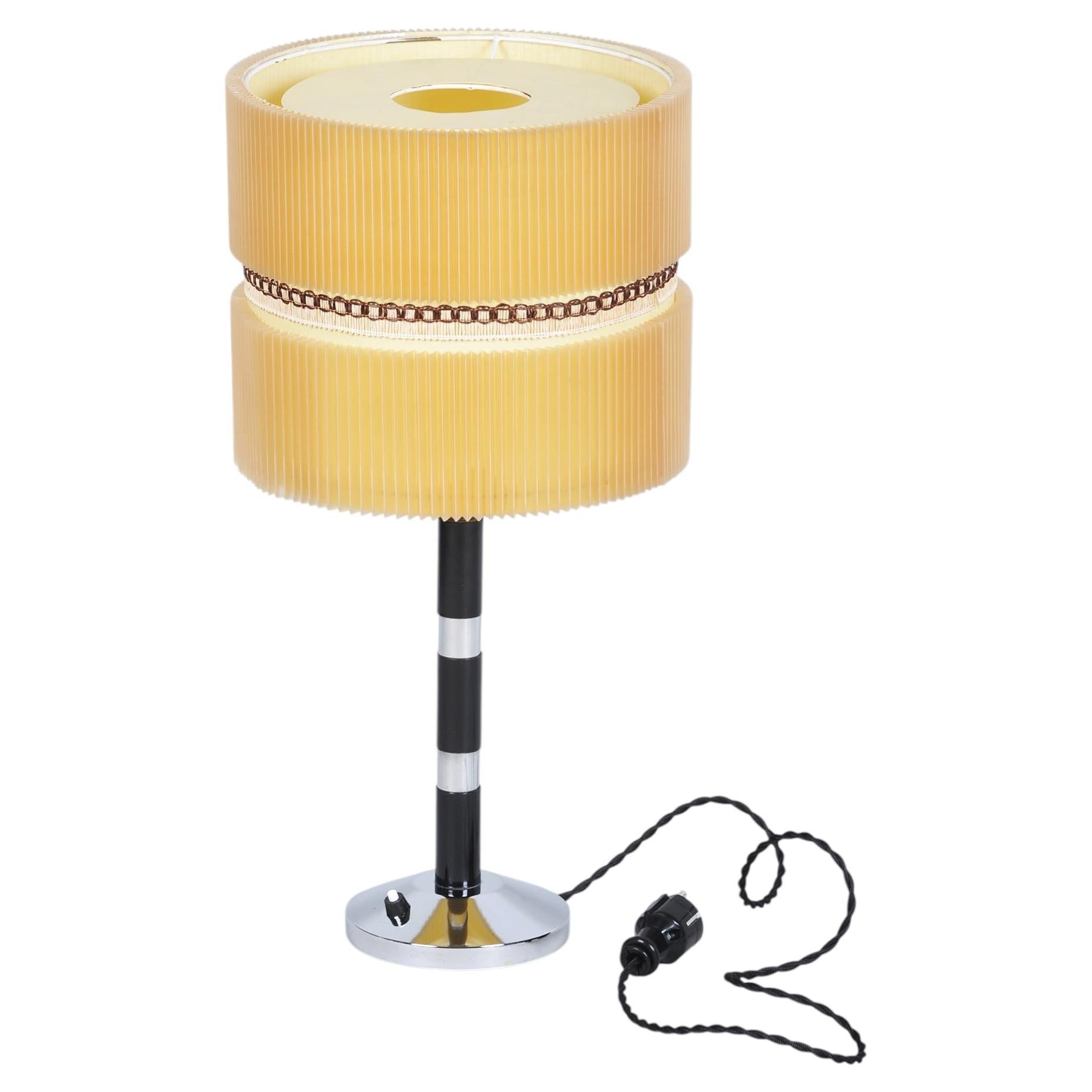 Restored Art Deco Table Lamp, Chromed Steel, Beech, Parchment, Czech, 1940s For Sale