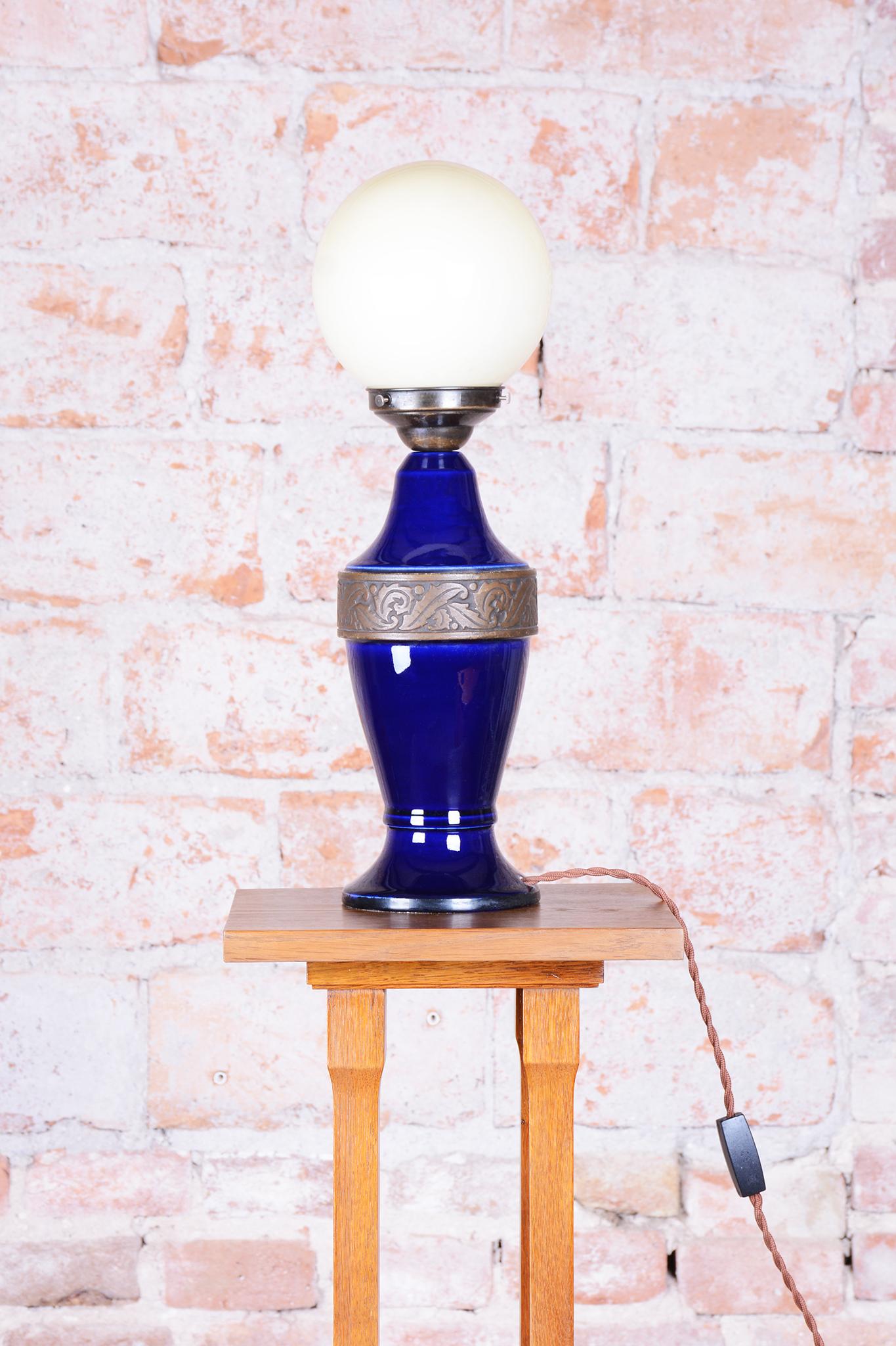 Early 20th Century Restored Art Deco Table Lamp, Cobalt Glass, Opal Lampshade, Czech, 1920s For Sale