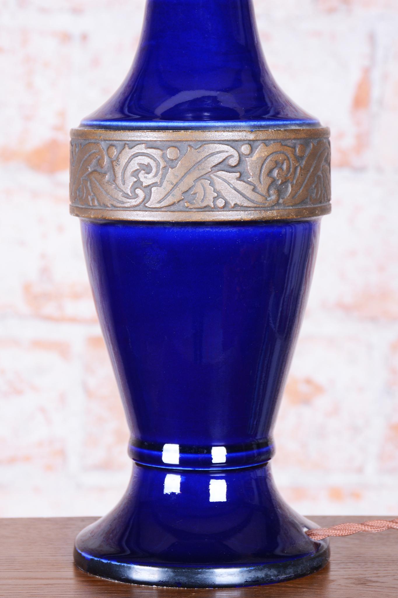 Restored Art Deco Table Lamp, Cobalt Glass, Opal Lampshade, Czech, 1920s For Sale 1