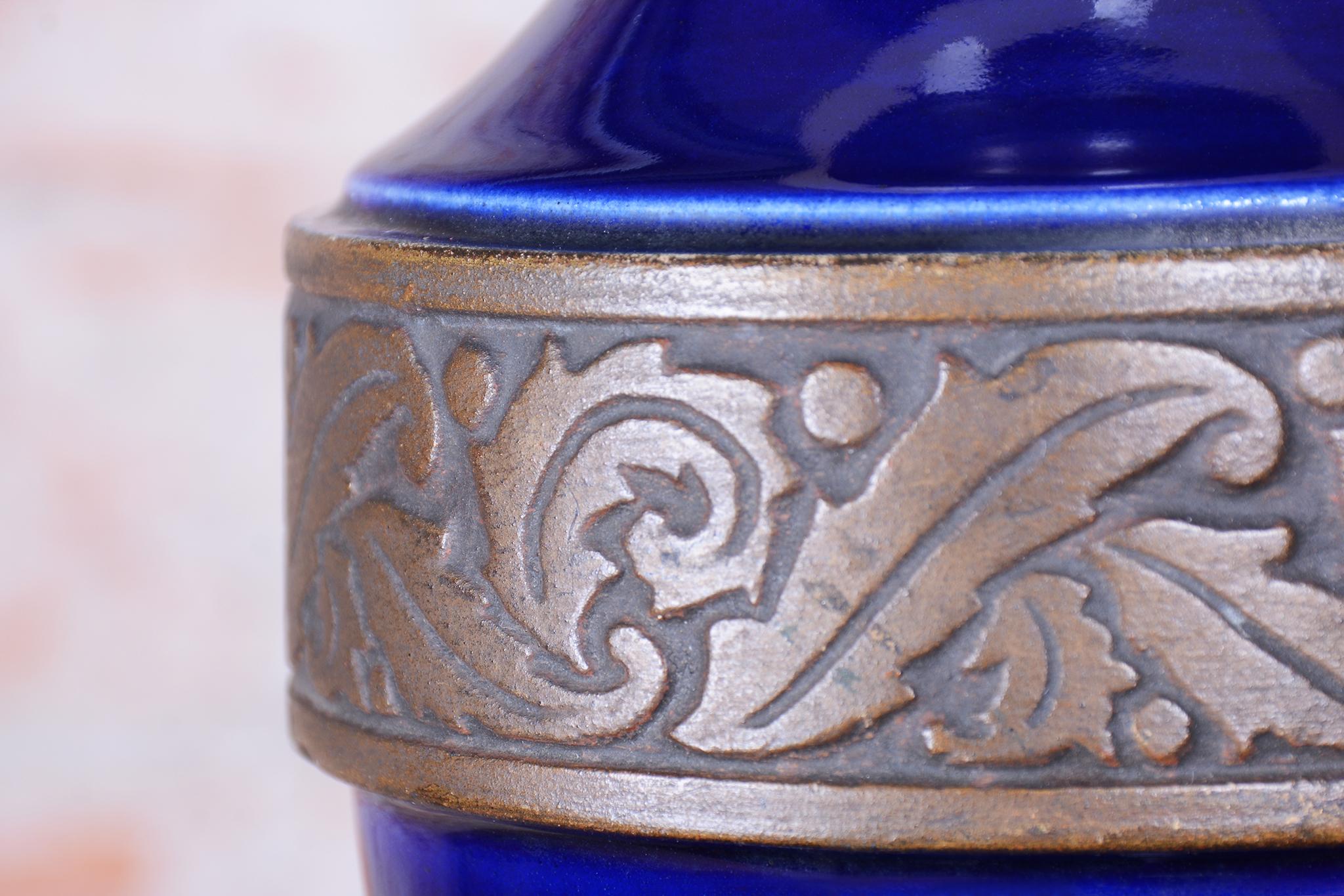 Restored Art Deco Table Lamp, Cobalt Glass, Opal Lampshade, Czech, 1920s For Sale 2