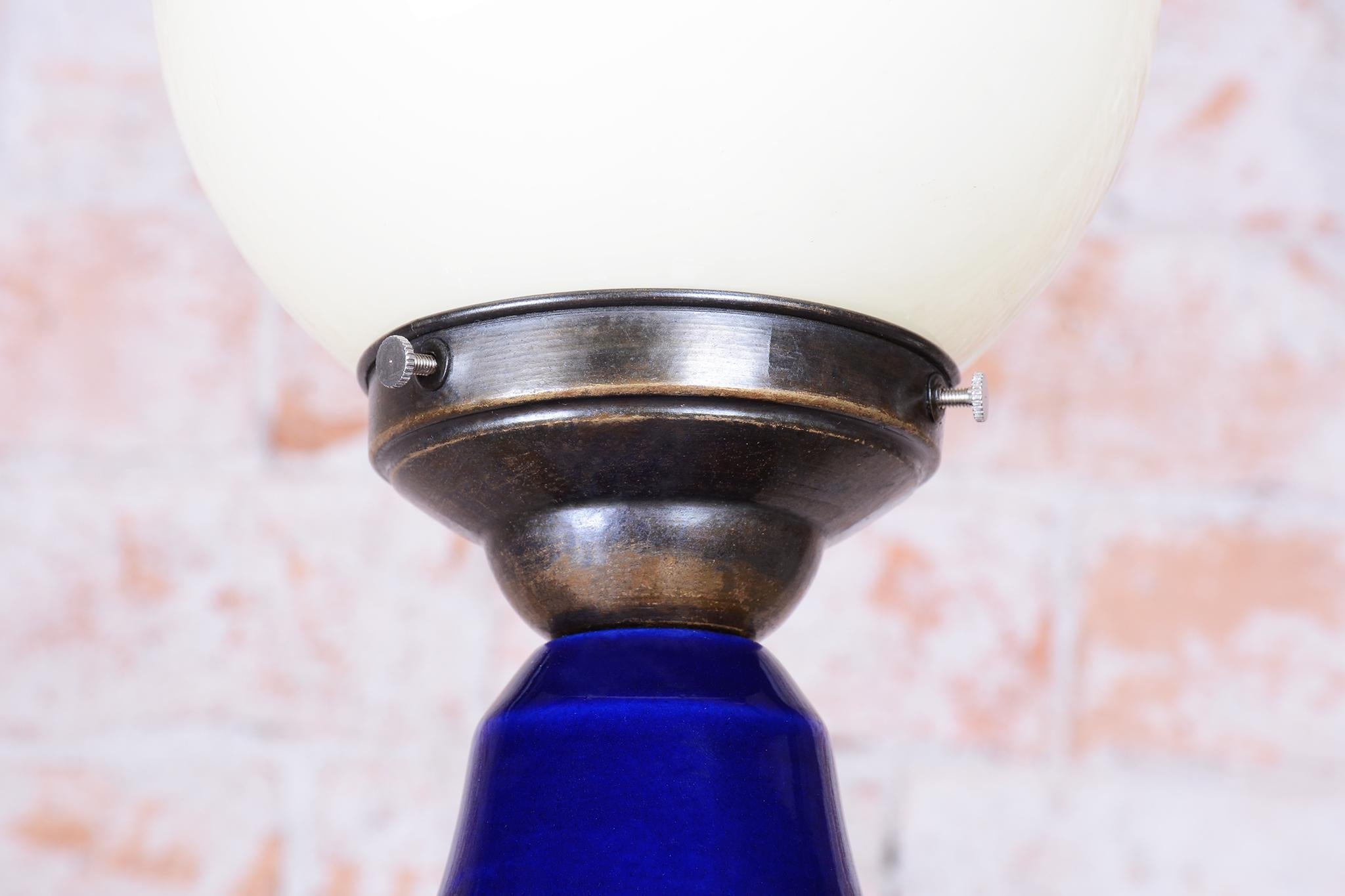 Restored Art Deco Table Lamp, Cobalt Glass, Opal Lampshade, Czech, 1920s For Sale 3