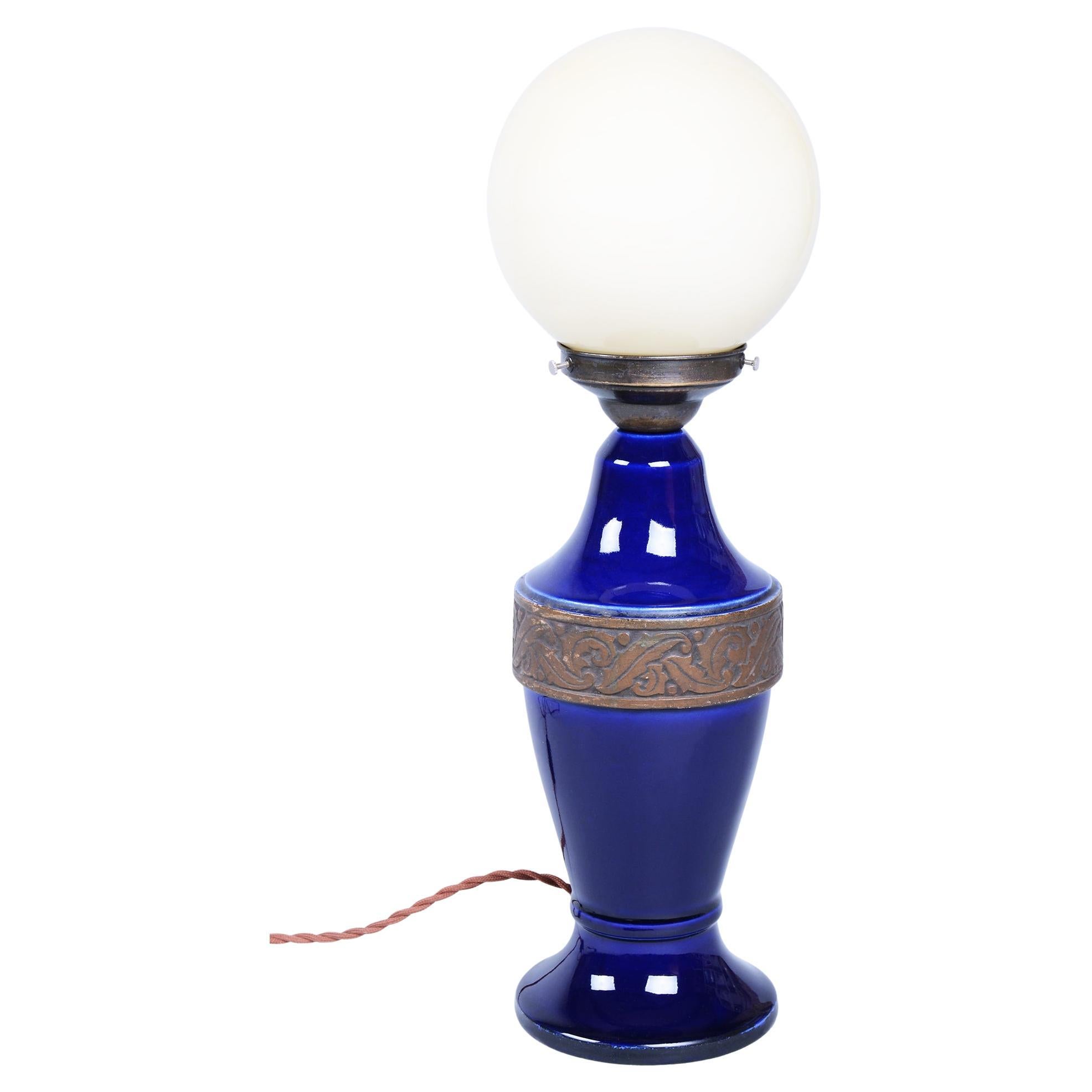 Restored Art Deco Table Lamp, Cobalt Glass, Opal Lampshade, Czech, 1920s For Sale