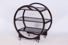 Restored Art Deco Trolley, by Thonet, Oak, Black Glass, Czech, 1930s