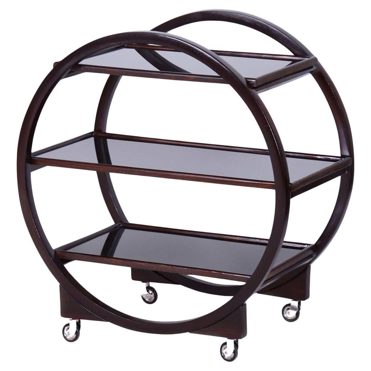 Carrello Art Deco restaurato, di Thonet, Oak, vetro nero, ceco, anni '30