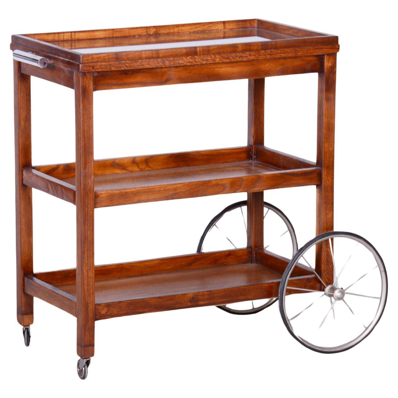 Carrello Art Deco restaurato, di Thonet, Oak, vetro, impiallacciatura, cromo, ceco, anni '20 in vendita