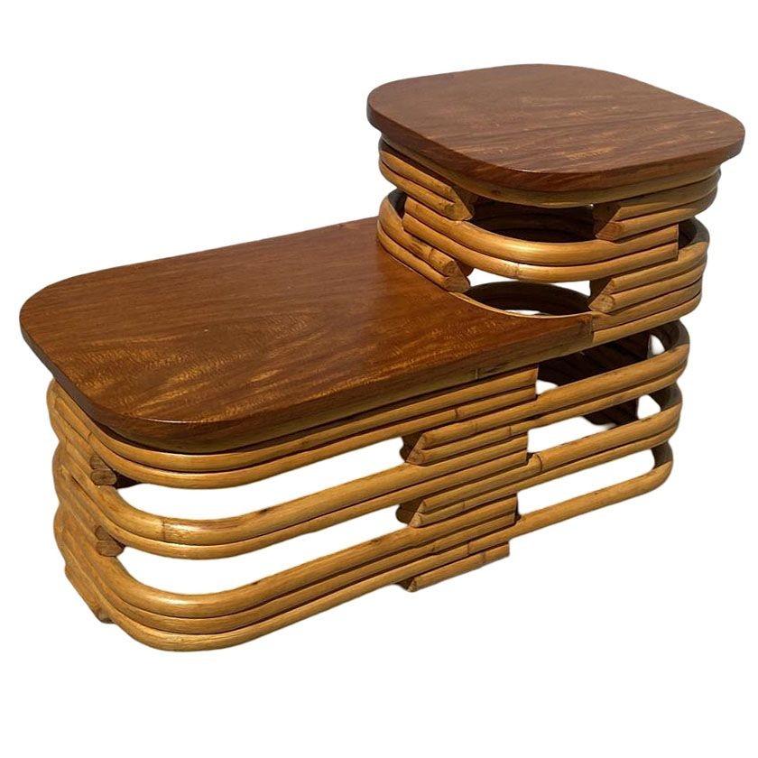American Restored Art Deco Two-Tier Stacked Rattan Side Table w/ Mahogany Top, Pair For Sale