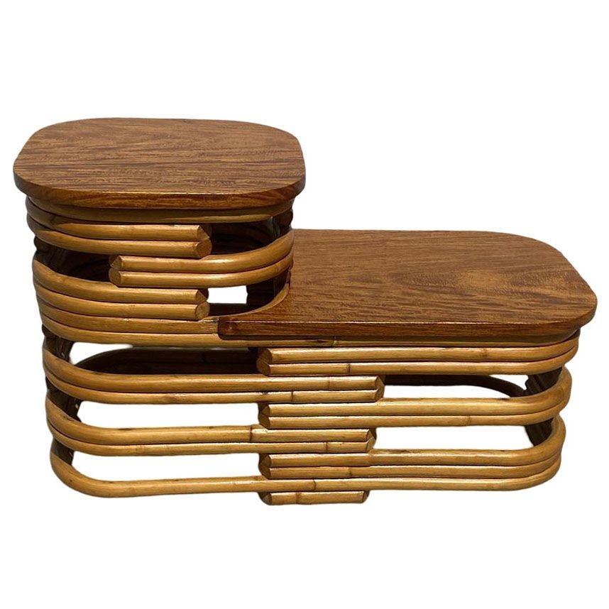 Restored Art Deco Two-Tier Stacked Rattan Side Table w/ Mahogany Top, Pair In Excellent Condition For Sale In Van Nuys, CA