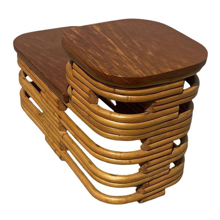 Mid-20th Century Restored Art Deco Two-Tier Stacked Rattan Side Table w/ Mahogany Top, Pair For Sale