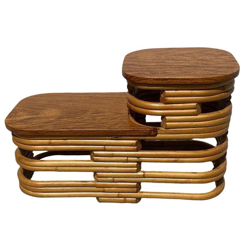 Restored Art Deco Two-Tier Stacked Rattan Side Table w/ Mahogany Top, Pair For Sale 1