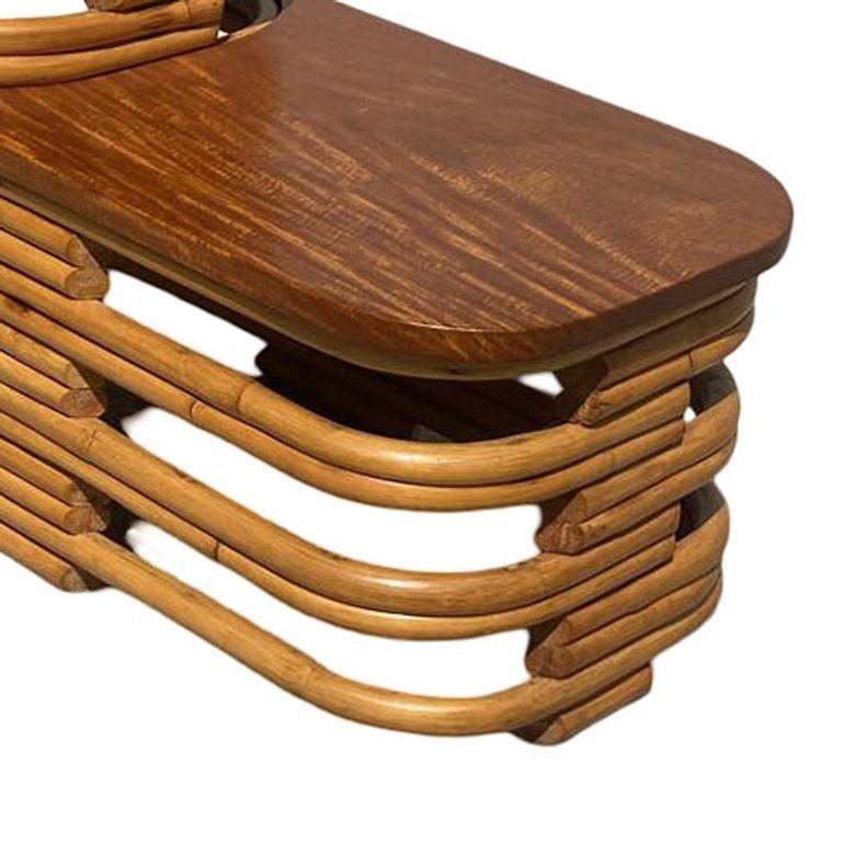 Restored Art Deco Two-Tier Stacked Rattan Side Table w/ Mahogany Top, Pair For Sale 2