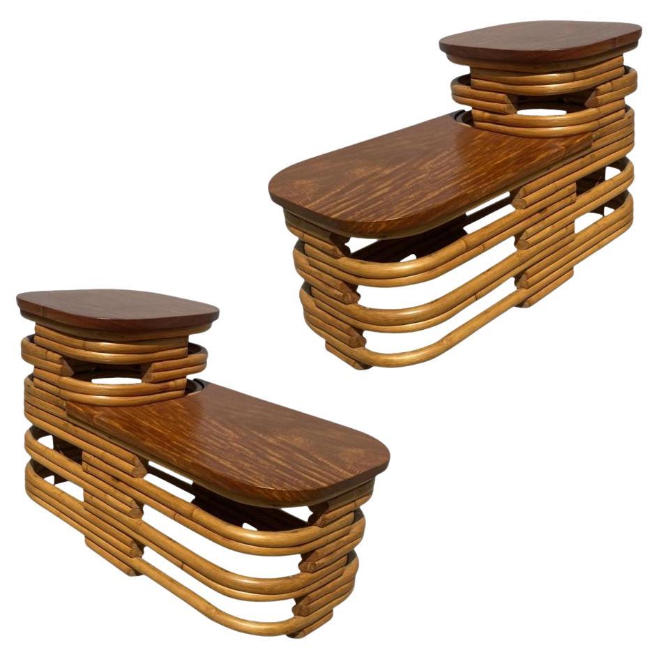 Restored Art Deco Two-Tier Stacked Rattan Side Table w/ Mahogany Top, Pair
