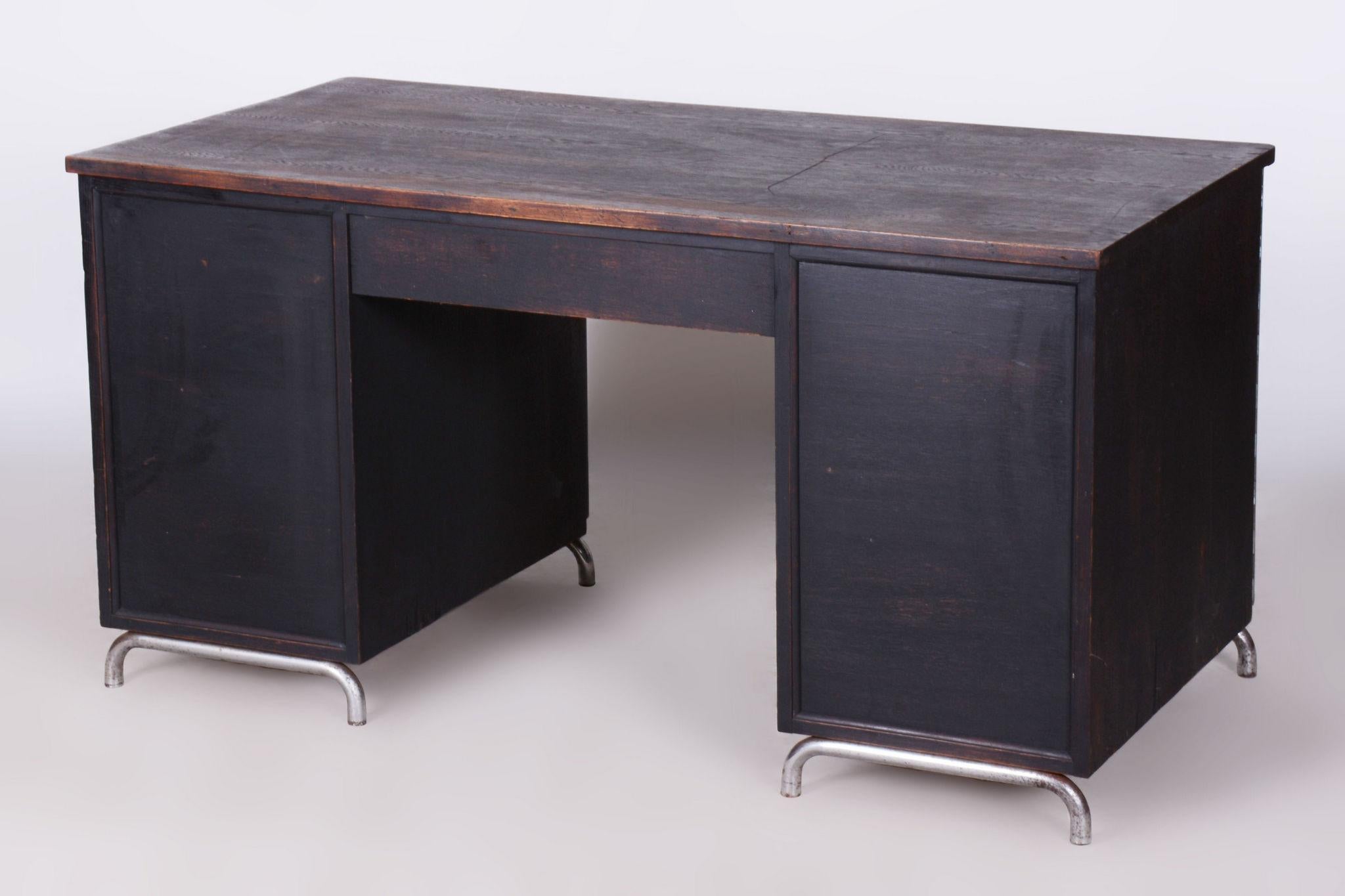 Restored Art Deco Writing Desk, by Robert Slezak, Oak, Chrome, Czech, 1930s For Sale 9