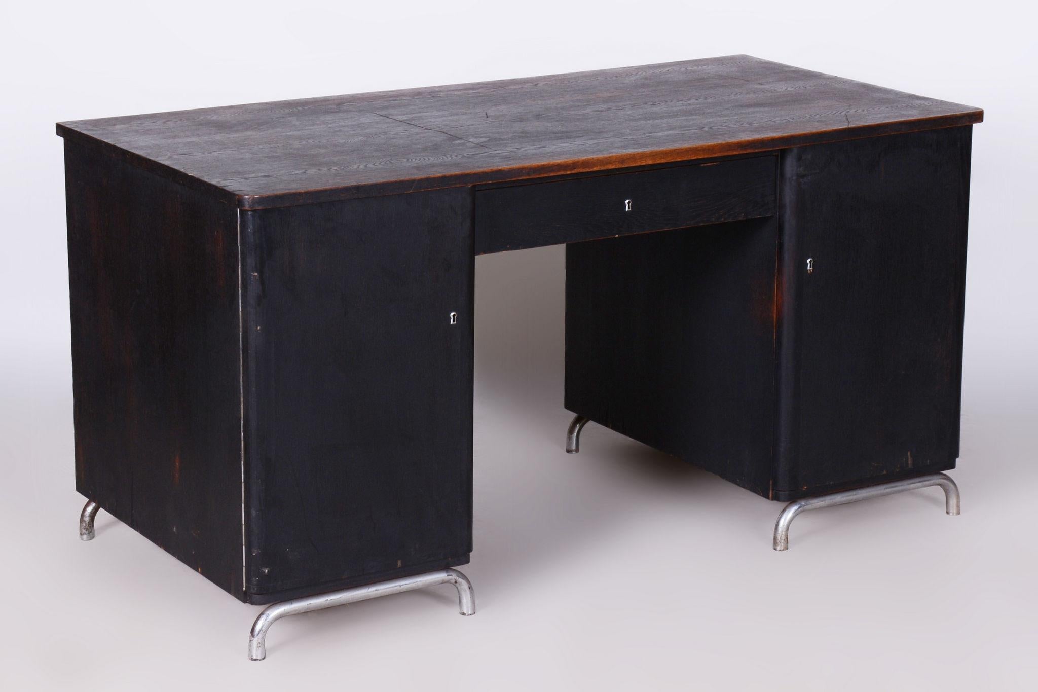 Mid-20th Century Restored Art Deco Writing Desk, by Robert Slezak, Oak, Chrome, Czech, 1930s For Sale