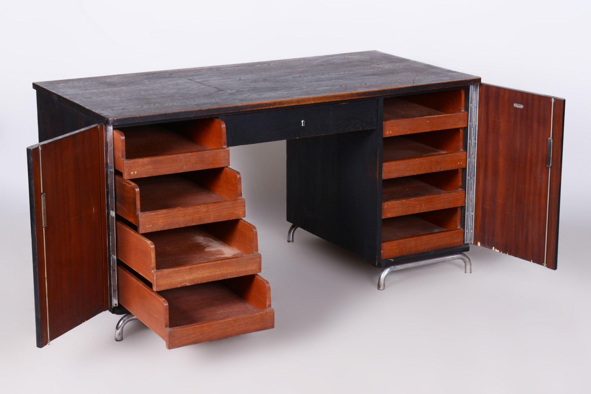 Restored Art Deco Writing Desk, by Robert Slezak, Oak, Chrome, Czech, 1930s For Sale 4