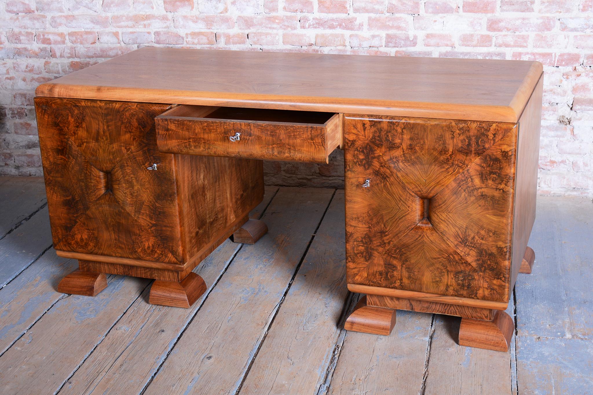 Restored Art Deco Writing Desk, Mahogany, Walnut, Revived Polish, Czech, 1920s For Sale 6