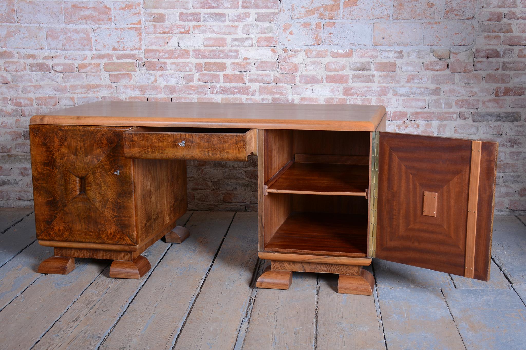 Restored Art Deco Writing Desk, Mahogany, Walnut, Revived Polish, Czech, 1920s For Sale 7