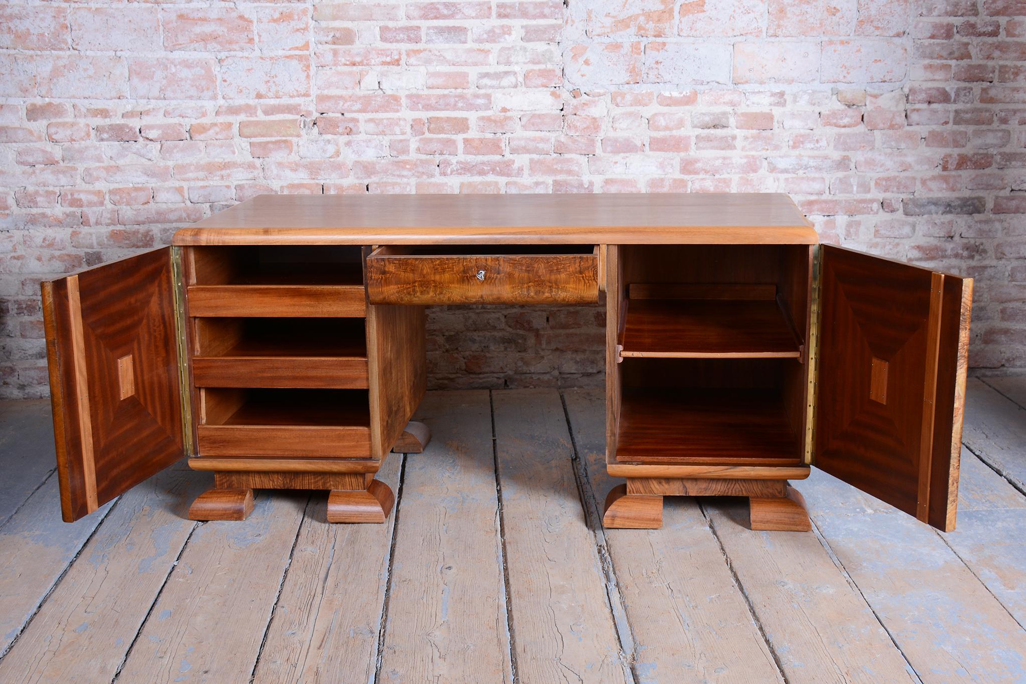 Restored Art Deco Writing Desk, Mahogany, Walnut, Revived Polish, Czech, 1920s For Sale 8