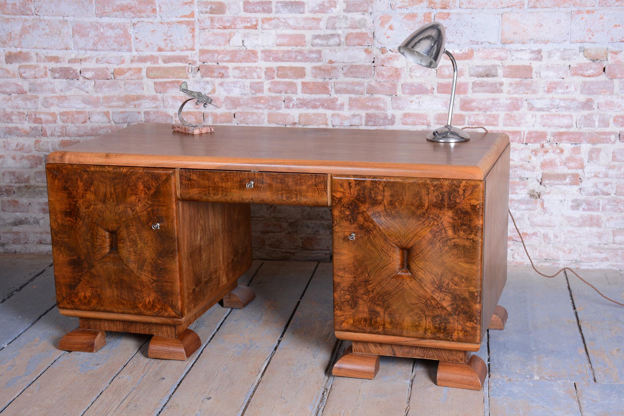 Restored Art Deco Writing Desk, Mahogany, Walnut, Revived Polish, Czech, 1920s For Sale 11