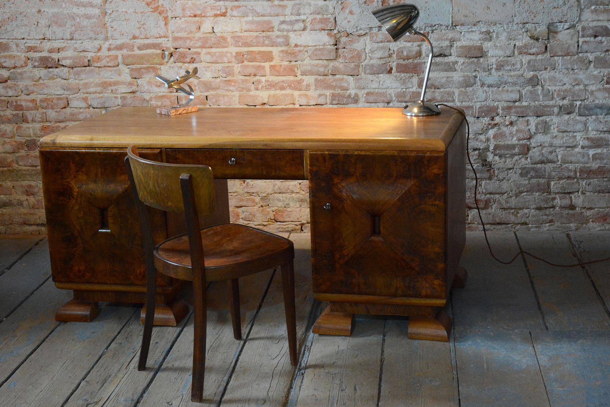 Restored Art Deco Writing Desk, Mahogany, Walnut, Revived Polish, Czech, 1920s For Sale 12
