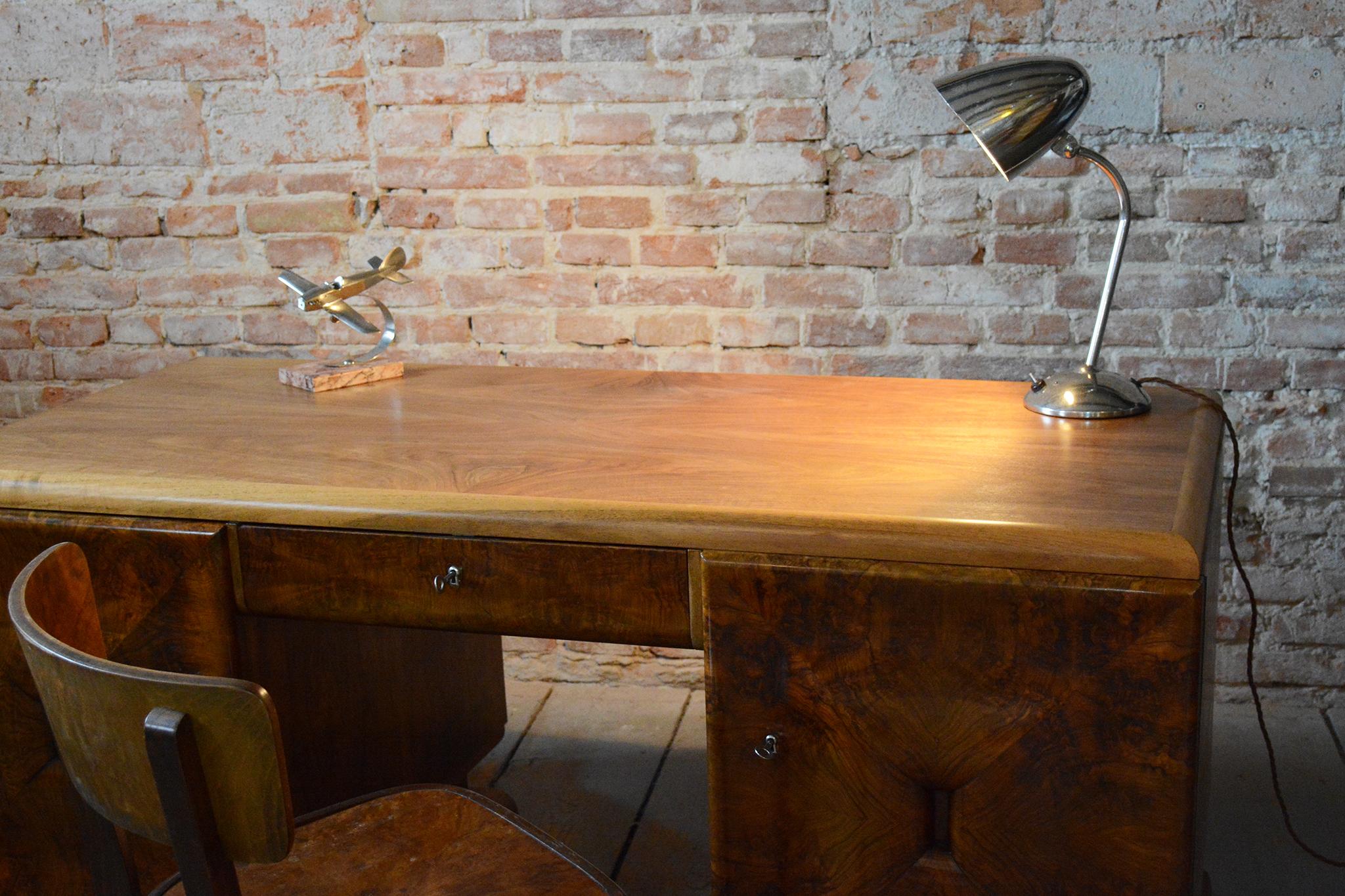Restored Art Deco Writing Desk, Mahogany, Walnut, Revived Polish, Czech, 1920s For Sale 13