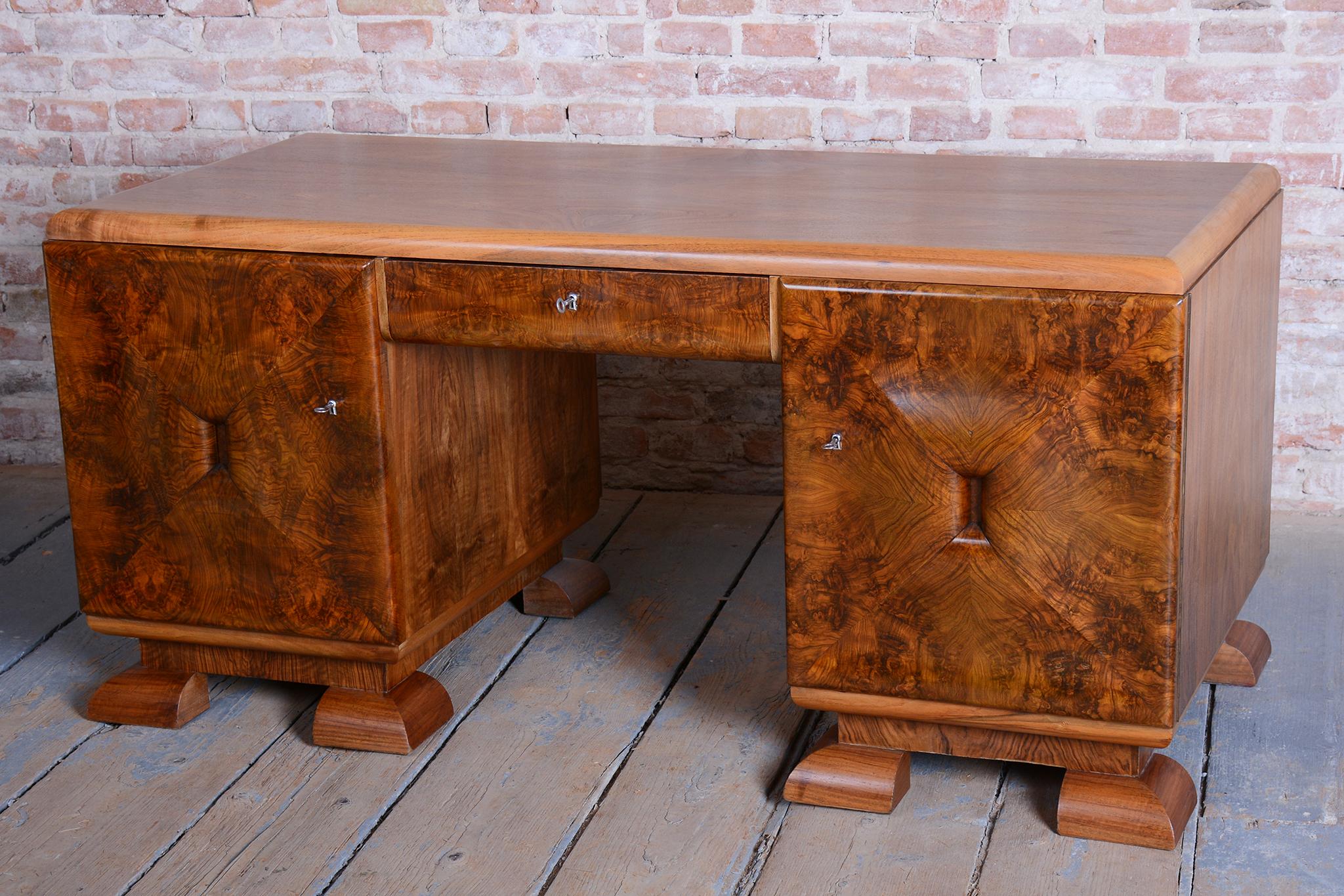 Early 20th Century Restored Art Deco Writing Desk, Mahogany, Walnut, Revived Polish, Czech, 1920s For Sale