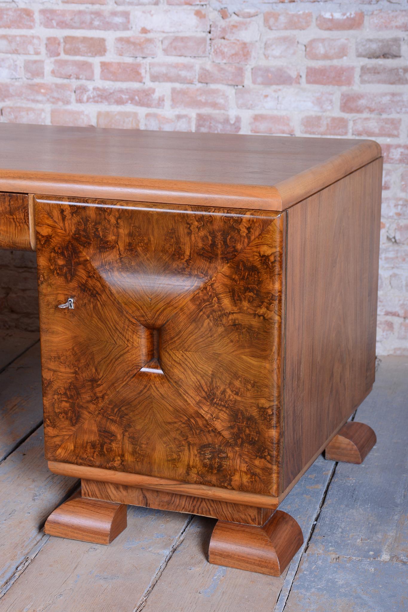 Lacquer Restored Art Deco Writing Desk, Mahogany, Walnut, Revived Polish, Czech, 1920s For Sale