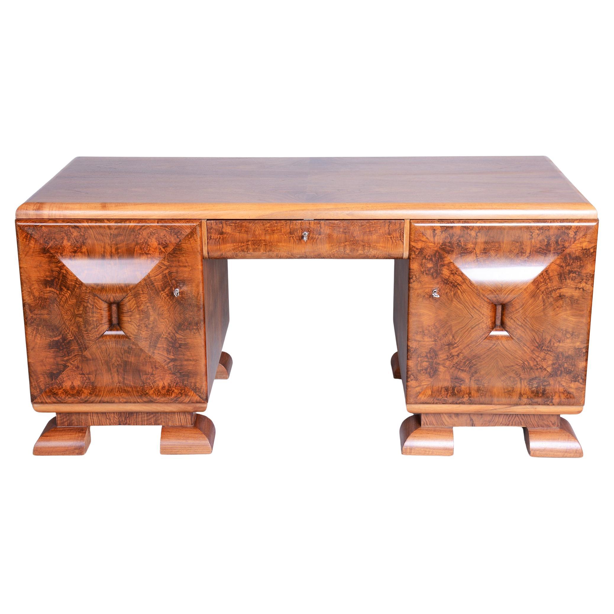 Restored Art Deco Writing Desk, Mahogany, Walnut, Revived Polish, Czech, 1920s